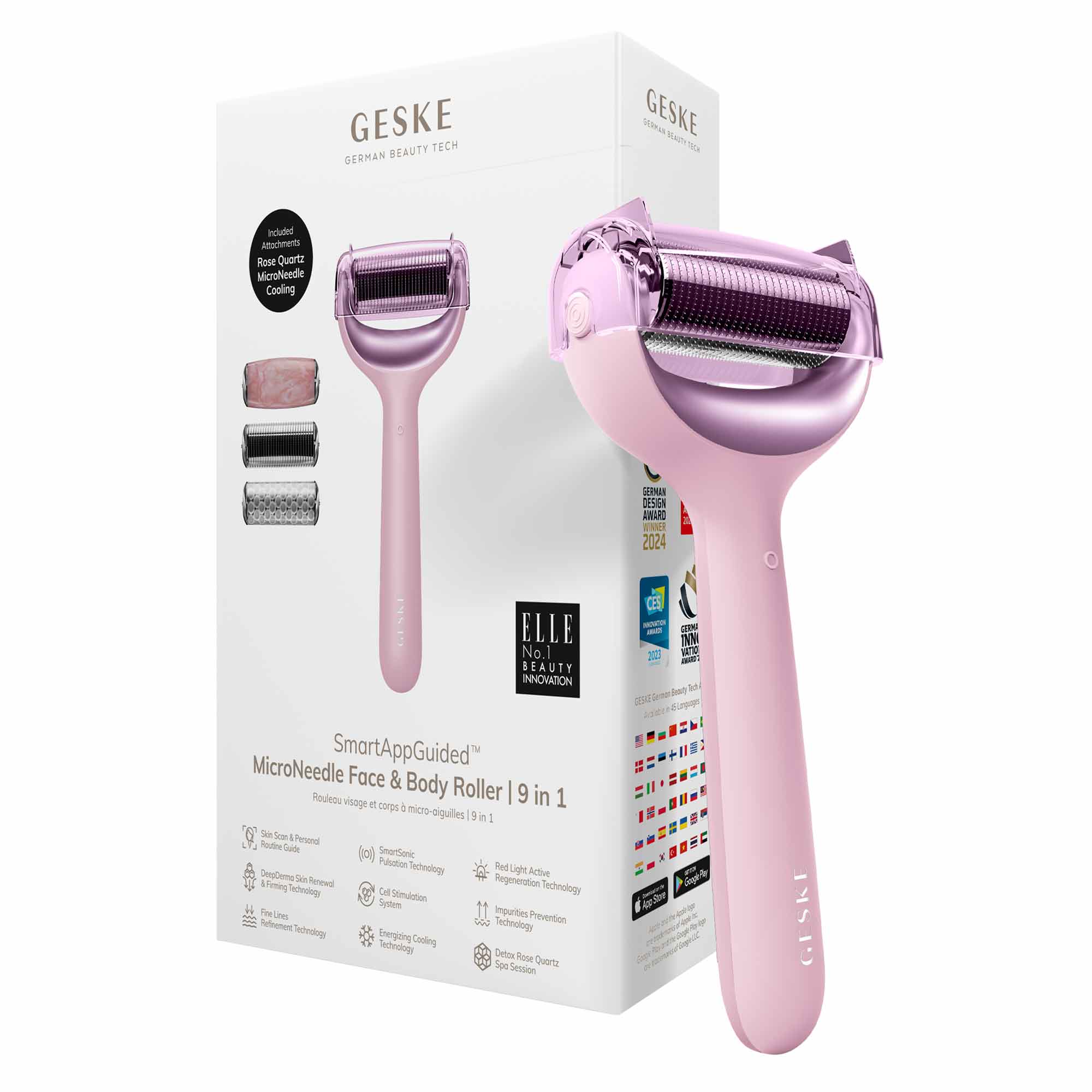 Rodillo facial y corporal con microagujas 9 en 1, color rosa