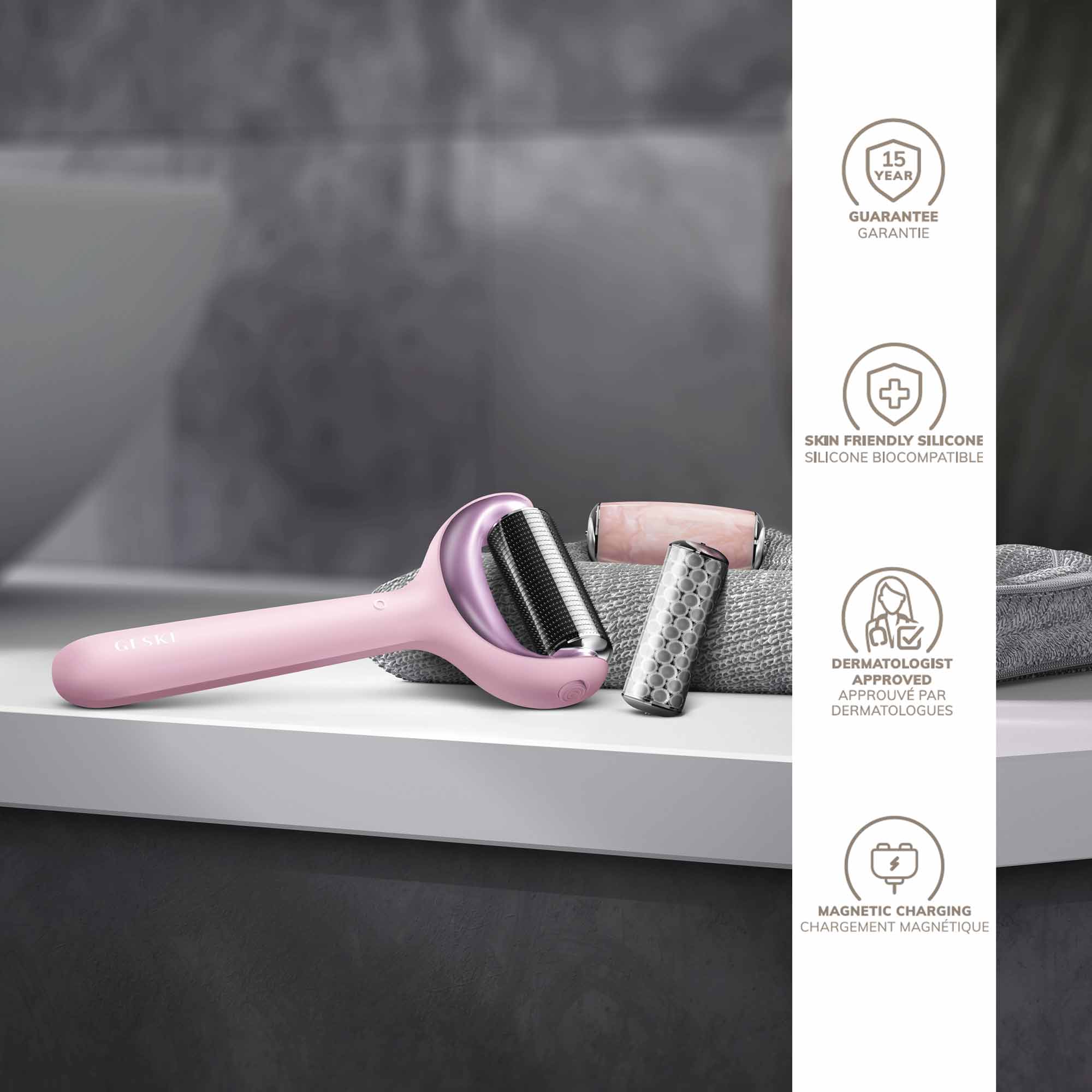 Rodillo facial y corporal con microagujas 9 en 1, color rosa